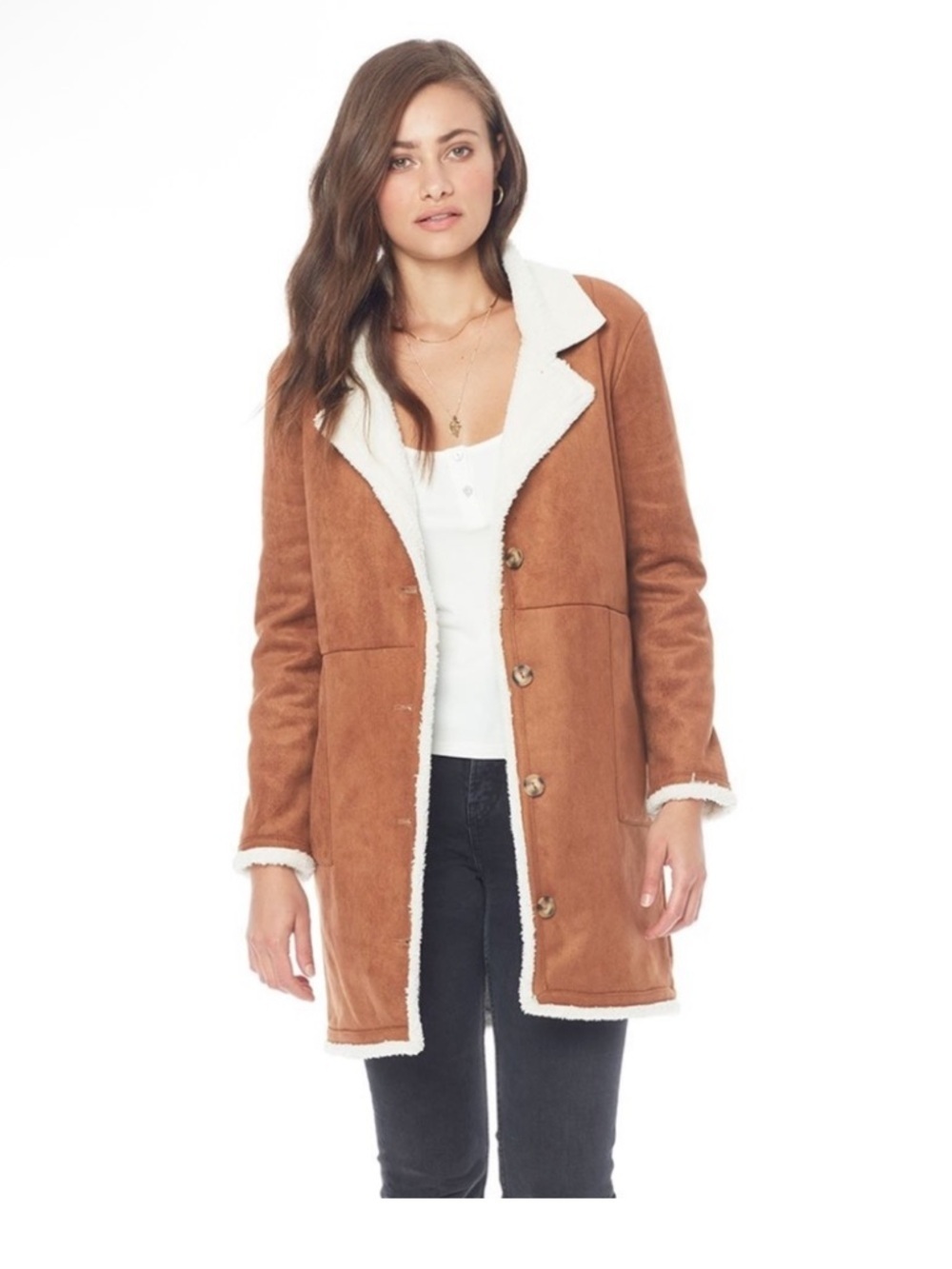 Saltwater Luxe Sherpa Jacket Cinnamon Button Front Coat Cozy Pockets Small NWT